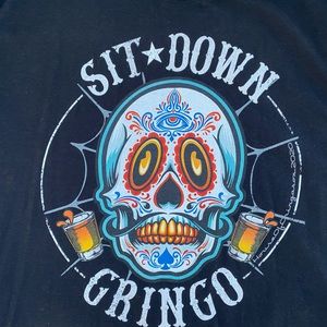 Mens black tshirt, day of the dead skull, sit down gringo, Cinco de Mayo, Large